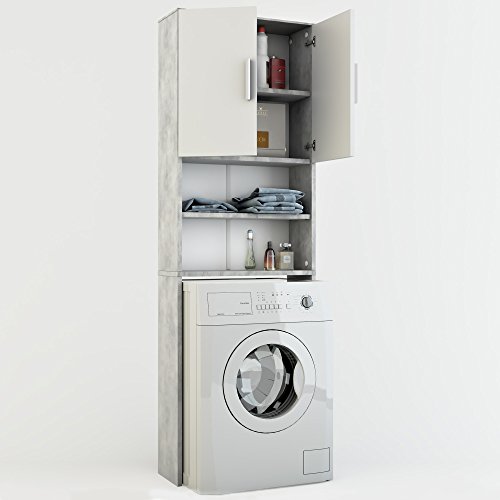 VICCO Waschmaschinenschrank Grau Beton 190 x 64 cm – Badregal Hochschrank Waschmaschine Bad Schrank Badezimmerschrank Überbau