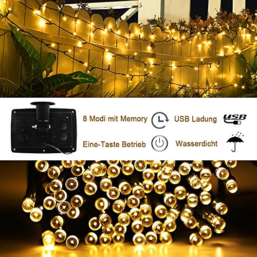Tobbiheim Solar Lichterkette Außen 200 LED 22 Meter Wasserdicht IP65