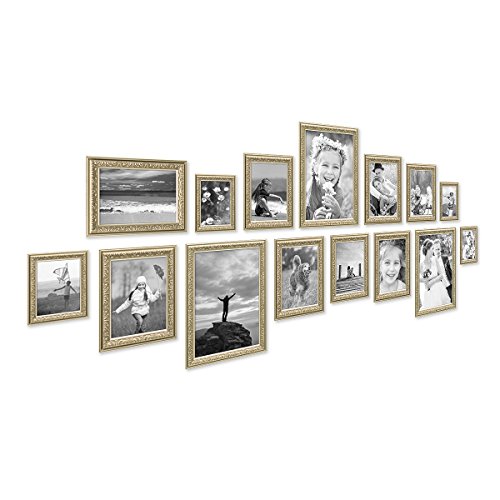 PHOTOLINI 15er Bilderrahmen-Set Antik Silber Nostalgie 10×15 bis 21×30 cm Fotorahmen mit Glasscheibe/Inklusive Zubehör