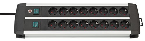 Brennenstuhl Premium-Alu-Line, Steckdosenleiste 16-fach – Steckerleiste aus hochwertigem Aluminium (mit 2 Schaltern für je 8 Steckdosen und 3m Kabel) Farbe: schwarz