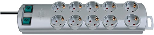 Brennenstuhl Primera-Line, Steckdosenleiste 10-fach (Steckerleiste mit 2 Schaltern für je 5 Steckdosen und 2m Kabel) Farbe: Silber