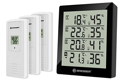 Bresser Wetterstation Funk mit Außensensor Thermometer Hygrometer Temeo Hygro Quadro inklusive 3 Außensensoren um bei 4 Umgebungen gleichzeitig Temperatur und Luftfeuchtigkeit zu messen, schwarz