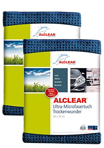 ALCLEAR Auto Microfasertuch Trockenwunder für Autopflege, 2er Set, Autolack, Motorrad, Küche u. Haushalt – Microfaser Geschirrtuch – weiches Trockentuch – 60×40 cm blau