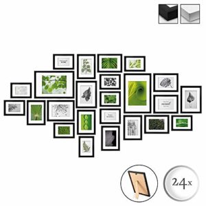 BOMOE 24er Set Bilderrahmen Nature Bilder-Collagen Fotorahmen aus Holz, Plexiglas, Metall-Aufhängung, Aufsteller & Passepartout – 10x 10,5x15cm / 8X 13x18cm / 4X 15x20cm / 2X 20x30cm – Schwarz