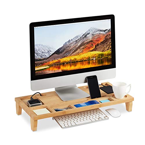 Relaxdays, Natur Monitorständer Bambus, Bildschirmständer mit 8 Fächern, Bildschirmerhöhung f. Laptop, HBT 9 x 60 x 30cm, Standard