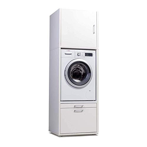 WASCHTURM • Waschmaschinenschrank mit Schrankaufsatz • HBT: 207x67x65 cm • Schublade & Ausziehbrett • TÜV-Zertifiziert