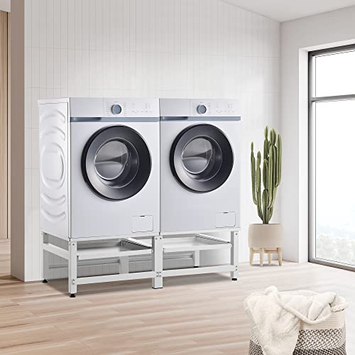 [en.casa] Waschmaschinen-Untergestell Bothel mit 2 ausziehbaren Ablagen Waschmaschinen-Sockel 2-Fach Doppeluntergestell 2×150+10 kg Doppelpodest Erhöhung Stahl Weiß