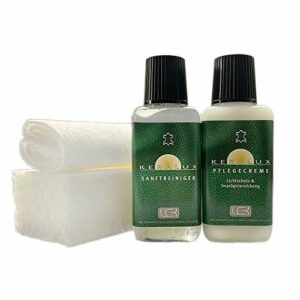 KERALUX 4-teiliges Lederpflegeset für Glattleder. 150 ml Reiniger, 150 ml Pflege, Schwamm, Tuch. Mit Imprägnierung und Lichtschutz.