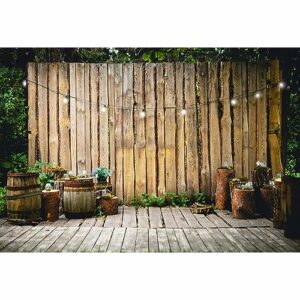 YongFoto 3x2m Vinyl Foto Hintergrund Gestreifte hölzerne Wand Holzboden Fässer Holzpfähle Fotografie Hintergrund Hochzeit Party Fotostudio Hintergründe Requisiten
